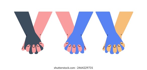 Couple holding two hands, fingers intertwined. Love, trust and romantic connection. Tender partners, enamored people together, intimate touch. Flat vector illustration isolated on white background