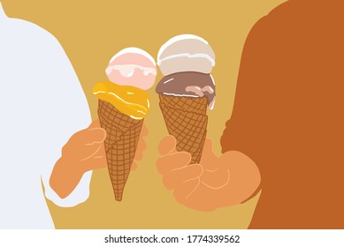 Couple holding two ice creams in a waffle cone on the background, close-up. Vector illustration in flat cartoon style