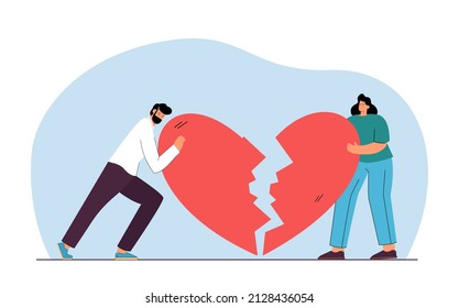 Couple holding two parts of broken heart. Tiny man and woman with marriage problem flat vector illustration. Crisis of relationship, breakup concept for banner, website design or landing web page