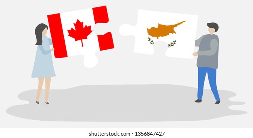 Couple holding two puzzles pieces with Canadian and Cypriot flags. Canada and Cyprus national symbols together.