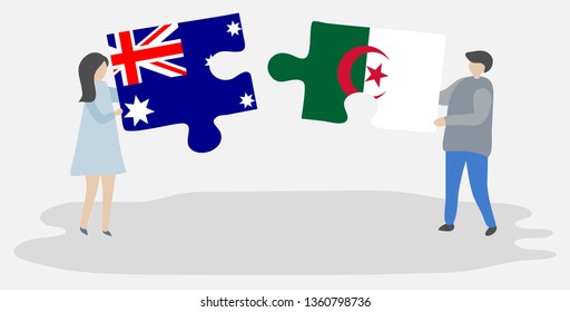 Couple holding two puzzles pieces with Australian and Algerian flags. Australia and Algeria national symbols together.