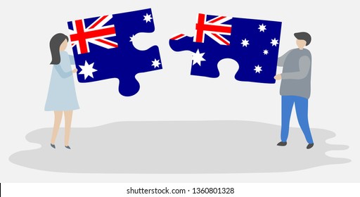 Couple holding two puzzles pieces with Australian and Australian flags. Australia and Australia national symbols together.