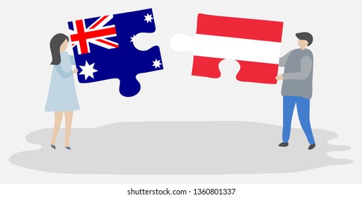 Couple holding two puzzles pieces with Australian and Austrian flags. Australia and Austria national symbols together.