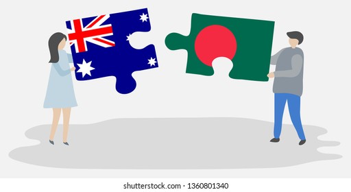 Couple holding two puzzles pieces with Australian and Bangladeshi flags. Australia and Bangladesh national symbols together.