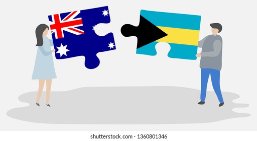Couple holding two puzzles pieces with Australian and Bahamian flags. Australia and Bahamas national symbols together.