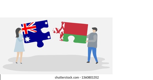 Couple holding two puzzles pieces with Australian and Belarusian flags. Australia and Belarus national symbols together.