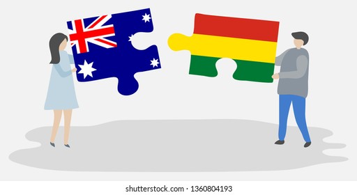 Couple holding two puzzles pieces with Australian and Bolivian flags. Australia and Bolivia national symbols together.