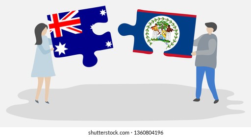 Couple holding two puzzles pieces with Australian and Belizean flags. Australia and Belize national symbols together.
