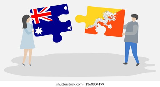 Couple holding two puzzles pieces with Australian and Bhutanese flags. Australia and Bhutan national symbols together.