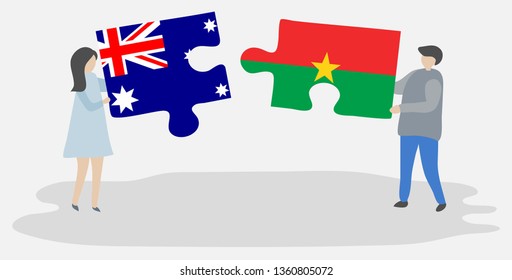 Couple holding two puzzles pieces with Australian and Burkinabe flags. Australia and Burkina Faso national symbols together.