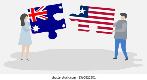 Couple holding two puzzles pieces with Australian and Liberian flags. Australia and Liberia national symbols together.