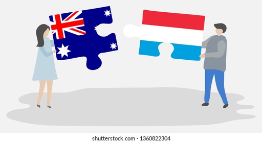 Couple holding two puzzles pieces with Australian and Luxembourgish flags. Australia and Luxembourg national symbols together.