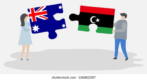 Couple holding two puzzles pieces with Australian and Libyan flags. Australia and Libya national symbols together.