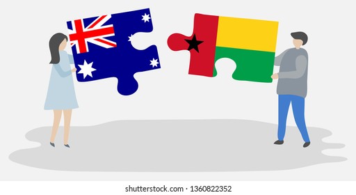 Couple holding two puzzles pieces with Australian and Bissau-Guinean flags. Australia and Guinea-Bissau national symbols together.