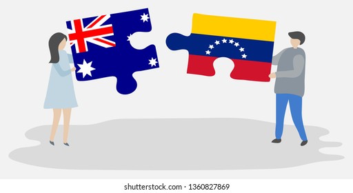Couple holding two puzzles pieces with Australian and Venezuelan flags. Australia and Venezuela national symbols together.
