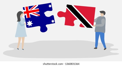 Couple holding two puzzles pieces with Australian and Trinidadian flags. Australia and Trinidad and Tobago national symbols together.