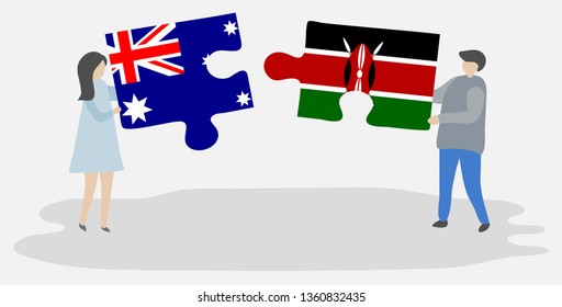 Couple holding two puzzles pieces with Australian and Kenyan flags. Australia and Kenya national symbols together.