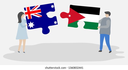 Couple holding two puzzles pieces with Australian and Jordanian flags. Australia and Jordan national symbols together.