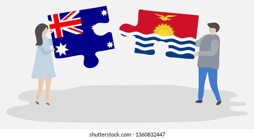 Couple holding two puzzles pieces with Australian and I-Kiribati flags. Australia and Kiribati national symbols together.