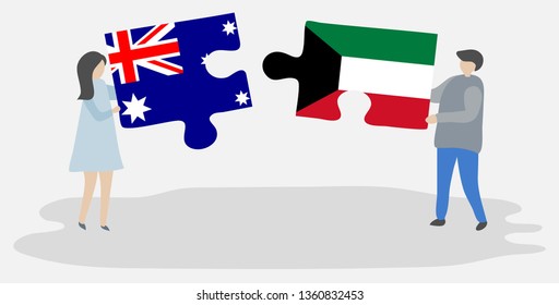 Couple holding two puzzles pieces with Australian and Kuwaiti flags. Australia and Kuwait national symbols together.