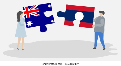 Couple holding two puzzles pieces with Australian and Lao flags. Australia and Laos national symbols together.
