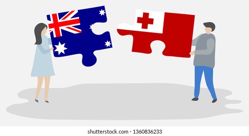 Couple holding two puzzles pieces with Australian and Tongan flags. Australia and Tonga national symbols together.