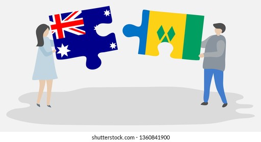 Couple holding two puzzles pieces with Australian and Vincentian flags. Australia and Saint Vincent and the Grenadines national symbols together.