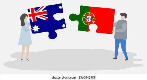 Couple holding two puzzles pieces with Australian and Portuguese flags. Australia and Portugal national symbols together.