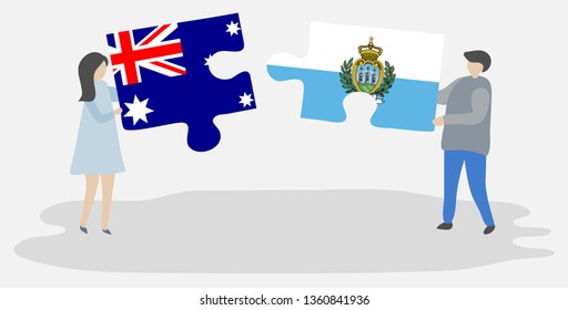 Couple holding two puzzles pieces with Australian and Sammarinese flags. Australia and San Marino national symbols together.