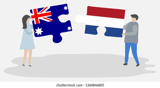 Couple holding two puzzles pieces with Australian and Dutch flags. Australia and Netherlands national symbols together.