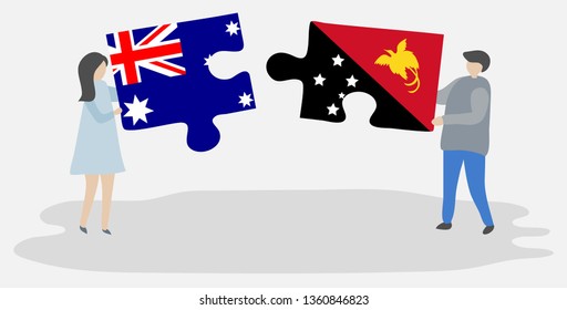 Couple holding two puzzles pieces with Australian and Papuan flags. Australia and Papua New Guinea national symbols together.