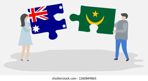 Couple holding two puzzles pieces with Australian and Mauritanian flags. Australia and Mauritania national symbols together.