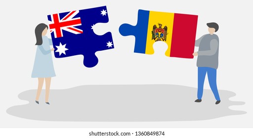 Couple holding two puzzles pieces with Australian and Moldovan flags. Australia and Moldova national symbols together.