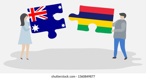 Couple holding two puzzles pieces with Australian and Mauritian flags. Australia and Mauritius national symbols together.