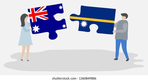 Couple holding two puzzles pieces with Australian and Nauruan flags. Australia and Nauru national symbols together.