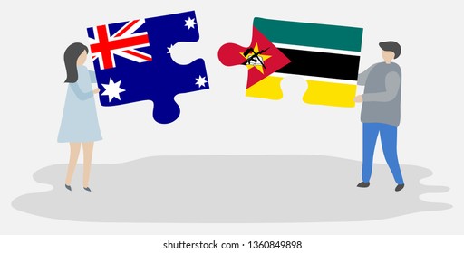 Couple holding two puzzles pieces with Australian and Mozambican flags. Australia and Mozambique national symbols together.