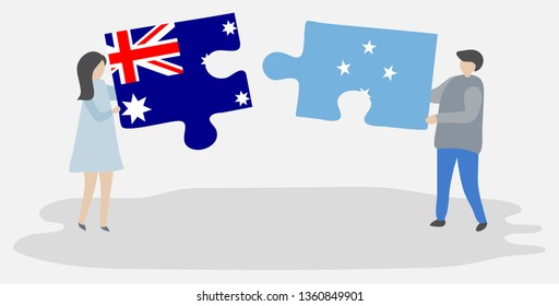 Couple holding two puzzles pieces with Australian and Micronesian flags. Australia and Micronesia national symbols together.