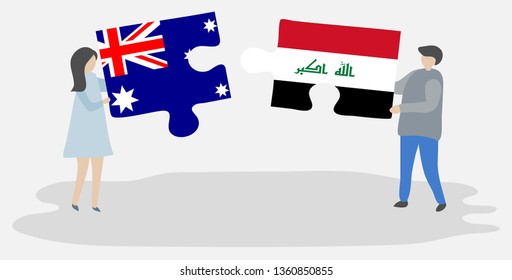 Couple holding two puzzles pieces with Australian and Iraqi flags. Australia and Iraq national symbols together.