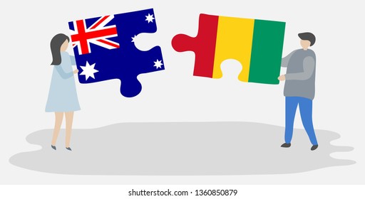 Couple holding two puzzles pieces with Australian and Guinean flags. Australia and Guinea national symbols together.