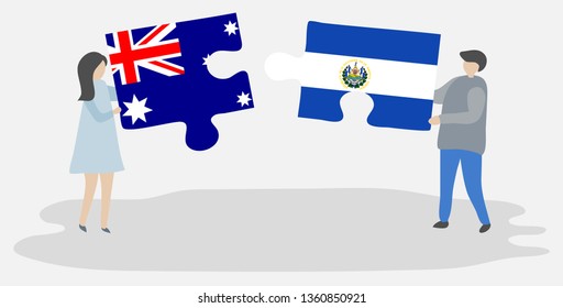 Couple holding two puzzles pieces with Australian and Salvadoran flags. Australia and El Salvador national symbols together.