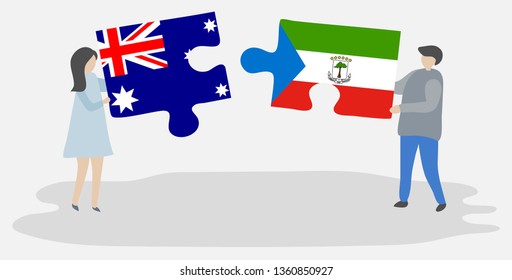 Couple holding two puzzles pieces with Australian and Equatorial Guinean flags. Australia and Equatorial Guinea national symbols together.