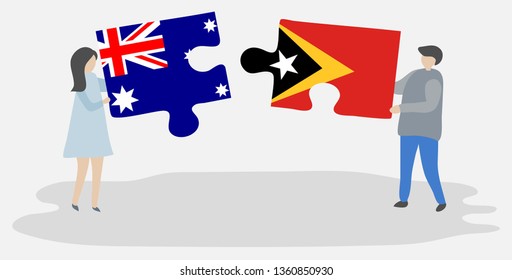 Couple holding two puzzles pieces with Australian and Timorese flags. Australia and East Timor national symbols together.