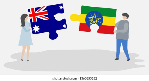 Couple holding two puzzles pieces with Australian and Ethiopian flags. Australia and Ethiopia national symbols together.