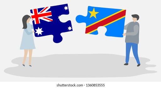 Couple holding two puzzles pieces with Australian and Congolese flags. Australia and Democratic Republic of the Congo national symbols together.