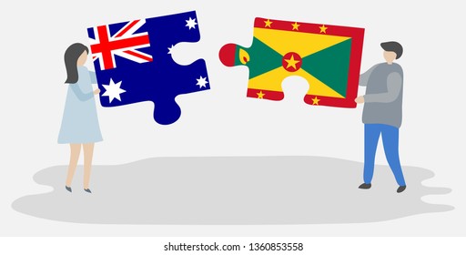 Couple holding two puzzles pieces with Australian and Grenadian flags. Australia and Grenada national symbols together.
