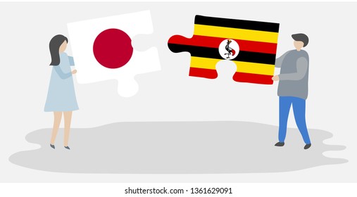 Couple holding two puzzles pieces with Japanese and Ugandan flags. Japan and Uganda national symbols together.