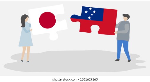 Couple holding two puzzles pieces with Japanese and Samoan flags. Japan and Samoa national symbols together.