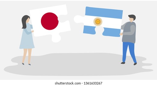 Couple holding two puzzles pieces with Japanese and Argentine flags. Japan and Argentina national symbols together.