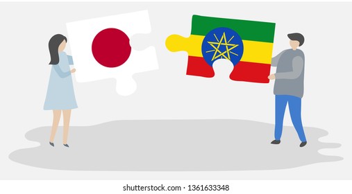 Couple holding two puzzles pieces with Japanese and Ethiopian flags. Japan and Ethiopia national symbols together.