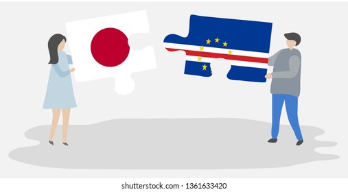 Couple holding two puzzles pieces with Japanese and Cabo Verdean flags. Japan and Cape Verde national symbols together.